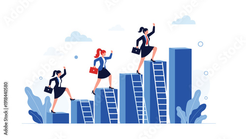 Professional businesswomen climbing a bar chart, symbolizing career growth, leadership, and successful advancement in a corporate environment.