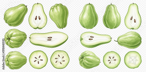 Chayote squash whole and cut, with seeds, in various angles on transparent background.