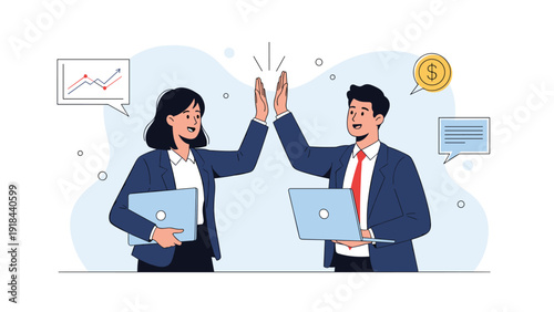 Happy business man and woman giving a high five, celebrating success, partnership, and successful completion of a business task.