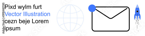 Email marketing, global outreach, digital communication, online messaging, innovation, networking. Envelope with globe and rocket symbols. Email marketing and global outreach