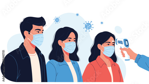 People wearing face masks having their temperature checked with a thermometer, representing health screening and pandemic prevention.
