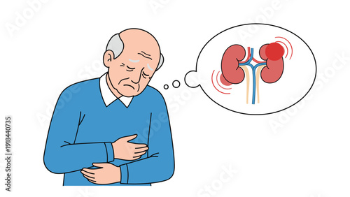 Elderly man clutching his stomach in pain, with a thought bubble illustrating inflamed kidneys, indicating a kidney disease.