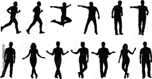 People silhouettes collection set jumping running walking and pointing, diverse group of men and women figures, casual poses isolated on white background, vector character.