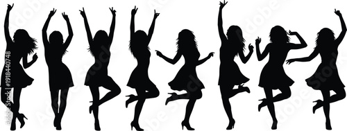 Silhouettes of beautiful young women dancing in dresses at a party celebration disco night club set of female figures isolated on white background (exactly 24 words)