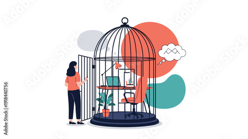 Woman opening a large birdcage containing an office desk, symbolizing freedom from traditional work or the transition to remote work.
