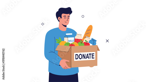 Generous man holding a cardboard box filled with various food items, labeled "DONATE," symbolizing food donation and charity.