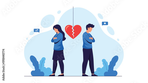 Man and woman standing back to back with crossed arms, separated by a broken heart, symbolizing relationship problems and breakup.