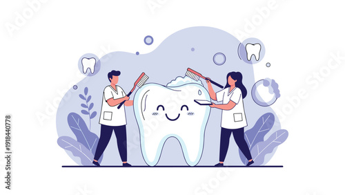 Cheerful cartoon dentists, a man and a woman, happily brushing a giant smiling tooth, symbolizing good oral hygiene and dental care.