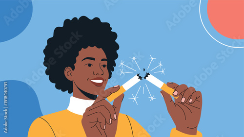 Happy person confidently breaking a cigarette in half, symbolizing the positive choice to quit smoking and embrace a healthy lifestyle.