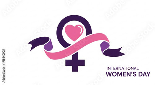 International women's day logo with pink heart and purple ribbon symbol