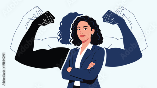 Confident businesswoman with muscular arm shadows, symbolizing female empowerment, strength, leadership, and professional capability.
