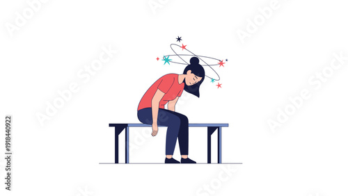 Woman feeling dizzy and lightheaded, sitting on a bench with swirling stars around her head, symbolizing vertigo or health issues.