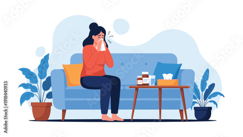Woman sneezing into a tissue, sitting on a couch surrounded by tissues and medicine, symbolizing a common cold or flu.
