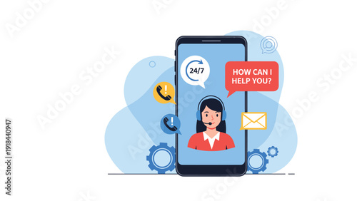 Smartphone displaying a female customer service agent and "How can I help you?" message, symbolizing 24/7 online support.