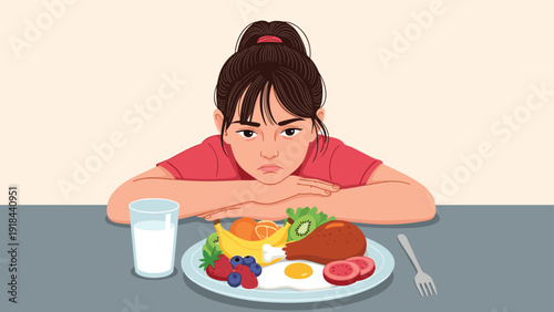Young woman looking sadly at a plate of healthy food, indicating loss of appetite, an eating disorder, or picky eating.