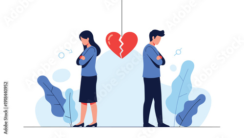 Man and woman standing back to back with crossed arms, separated by a broken heart, symbolizing relationship problems and breakup.