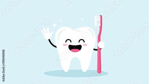 Adorable happy cartoon tooth cheerfully holding a toothbrush, symbolizing good dental hygiene and healthy teeth habits.