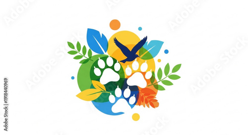 Vibrant eco friendly symbol with animal tracks leaves and bird in flight on white