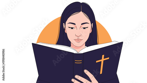 Serene woman engrossed in reading a Bible, symbolizing religion, spirituality, faith, and personal devotion.