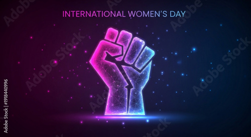 International women's day neon fist symbol with purple and blue glow on dark background