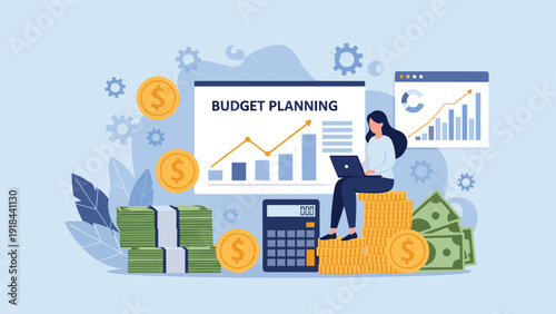 Woman sitting on a pile of coins, working on a laptop with "Budget Planning" text, symbolizing financial management and growth.