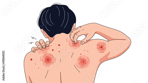 Man scratching his back with visible red rashes and circular marks, symbolizing skin problems, allergies, or an infection.