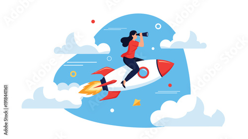 Visionary businesswoman riding a rocket and looking through a telescope, symbolizing future planning and business innovation.