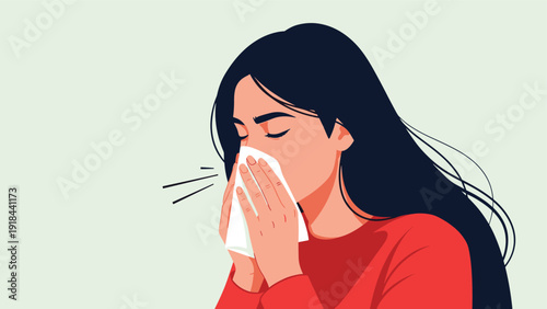 Young woman sneezing delicately into a white tissue, symbolizing allergies, a common cold, or a seasonal illness.
