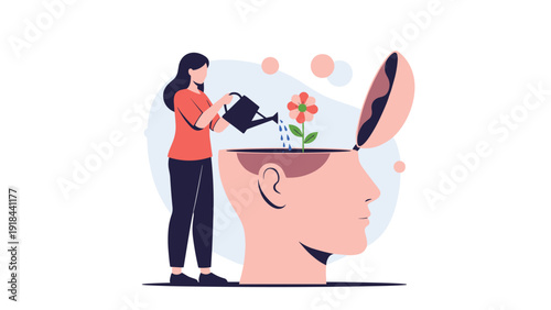 Woman watering a flower growing inside a human head, symbolizing mental growth, self-care, mindfulness, and personal development.