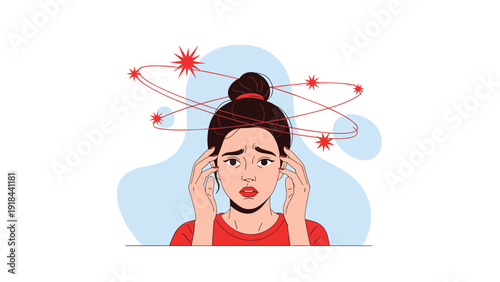 Distressed woman holding her head, looking panicked with swirling stars, symbolizing dizziness, vertigo, or anxiety.