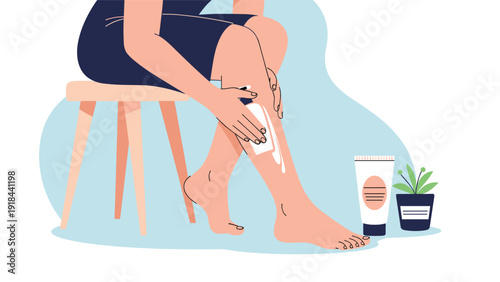 Person applying lotion to their legs, symbolizing essential skincare, hydration, self-care, and beauty routine.