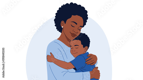 African American mother embracing her child with love and tenderness, eyes closed in contentment, symbolizing a strong family bond.
