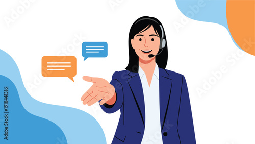 Friendly customer service representative wearing a headset, smiling and gesturing towards chat bubbles, ready to assist clients.