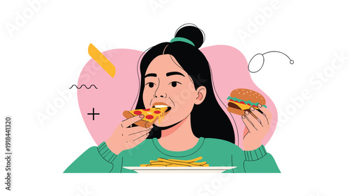 Young woman enjoying an unhealthy meal, happily eating pizza while holding a burger, with fries on a plate.