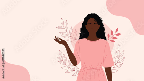 Elegant African American woman with long dark hair, wearing a pink dress, standing against a stylish floral background.