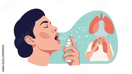 Woman using a throat spray to soothe her throat or respiratory system, with an illustration of lungs in the background.