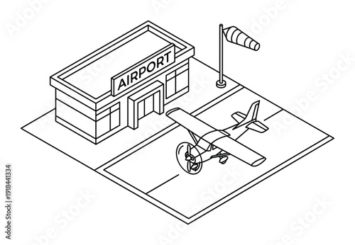 Small private airport terminal building with airplane on the airfield minimal concept