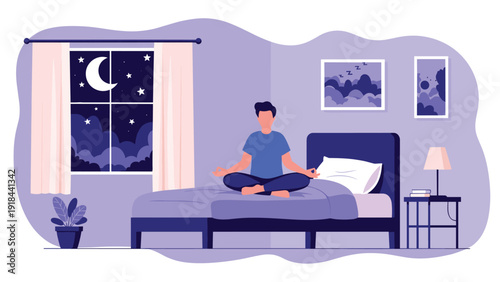 Man meditating peacefully in a lotus position on his bed at night, with the moon visible outside, promoting relaxation and better sleep.