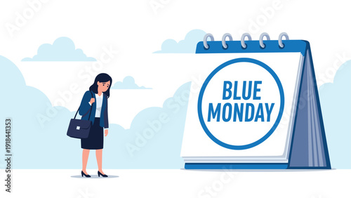 Sad businesswoman feeling down on Blue Monday, standing next to a calendar highlighting the most depressing day of the year.