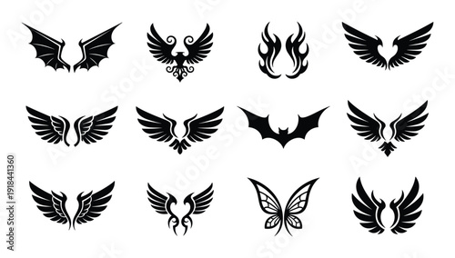 Set of stylized wings for your design isolated on transparent background different bird and bat style