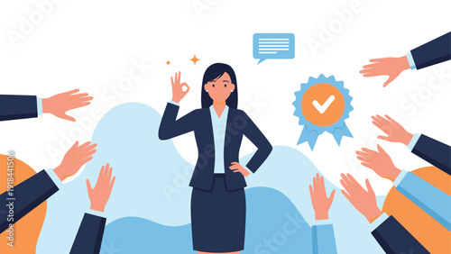 Confident businesswoman making an OK gesture and receiving applause, symbolizing success, recognition, and achievement in business.