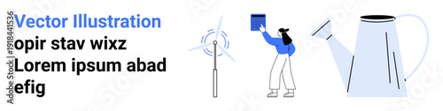 Renewable energy, self-learning, eco-friendly practices, gardening, digital learning, sustainable development. Wind turbine, person reading watering can. Renewable energy and digital learning