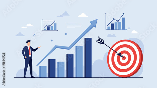 Businessman standing next to growing charts and a target with an arrow, symbolizing business goals, growth, and success.