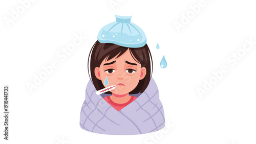 Sick girl with a thermometer in her mouth and an ice pack on her head, suffering from fever and illness.