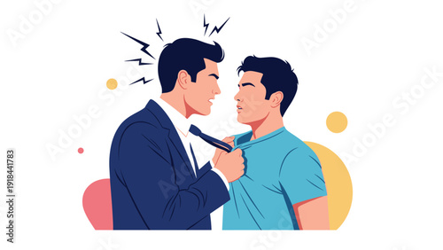 Angry boss yelling at and grabbing his employee's tie, symbolizing workplace conflict, harassment, and toxic work environment.