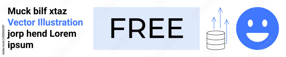 Fototapeta premium Technology, data storage, free content, communication, cloud computing, happiness. Graphic the word FREE, a database icon with arrows and a smiling emotion. Technology and data storage theme