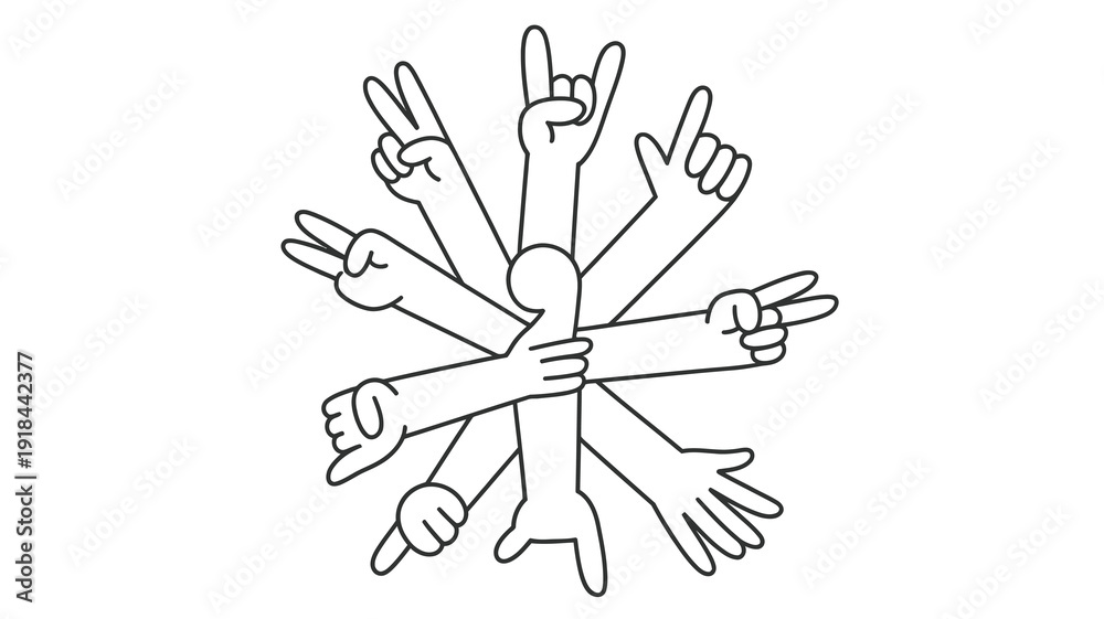 Obraz premium A radial arrangement of multiple hands displaying various hand gestures including peace signs rock on signs and thumbs up high quality professional detailed modern elegant stylish