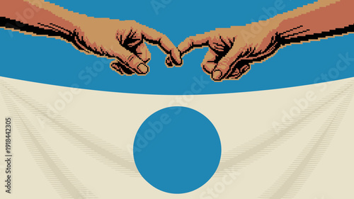 Two hands reach towards each other almost touching fingertips set against a blue and white background with a circular form high quality professional detailed modern elegant