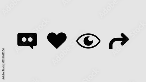 A simple minimalist composition featuring four black icons a chat bubble a heart an eye and a curved arrow high quality professional detailed modern elegant stylish