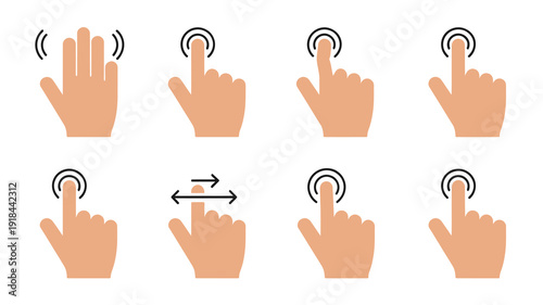 A series of hand illustrations depict various touch gestures including pointing tapping swiping and pinching motions on digital interfaces high quality professional detailed modern elegant stylish
